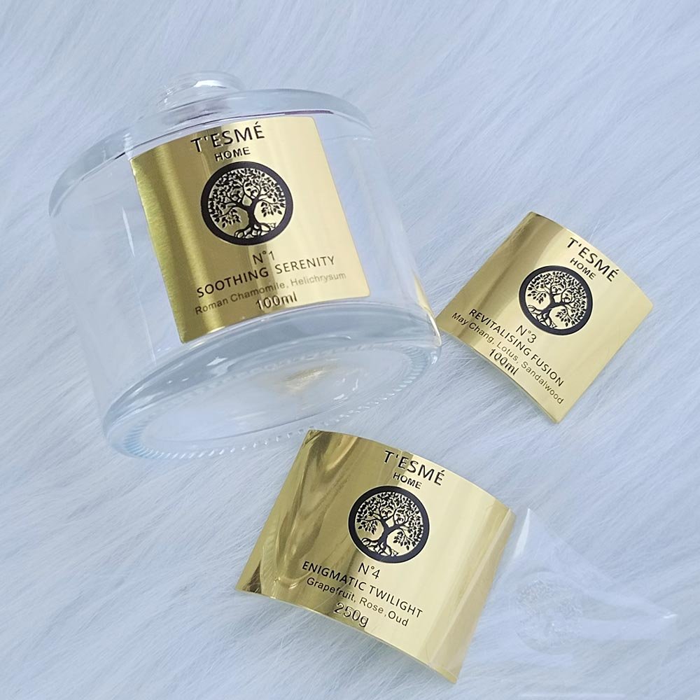 2024 Hot Selling Perfume Sticker Design Metal Embossed Aluminum Label Maker Scented Glass Bottle/ Candle jar Stickers