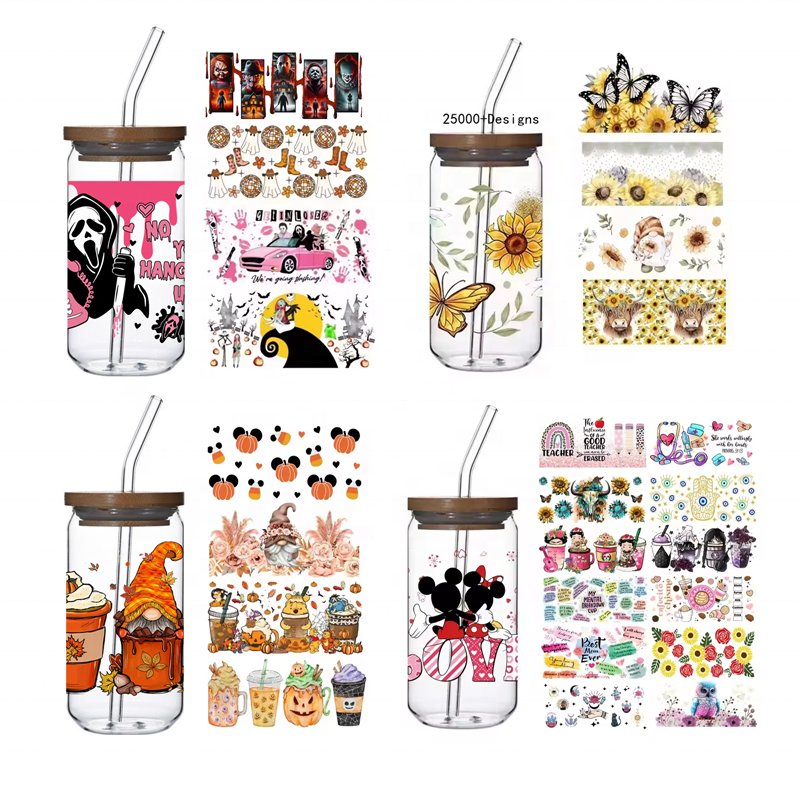 Wholesale Fall Uv Dtf Cup Wraps Halloween Design Transfer Sticker Transparent Film Transfer 16oz 24OZ Libbey Glass Lid Sticker