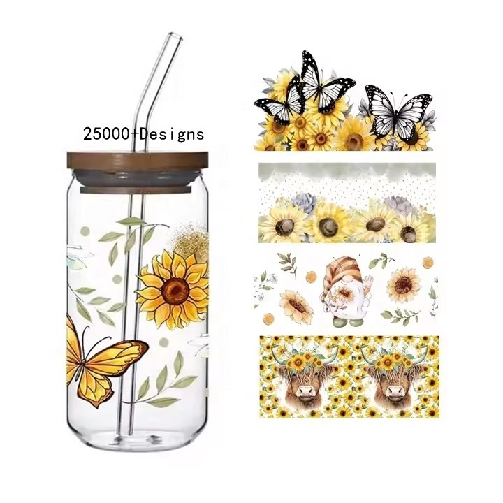 Wholesale Fall Uv Dtf Cup Wraps Halloween Design Transfer Sticker Transparent Film Transfer 16oz 24OZ Libbey Glass Lid Sticker