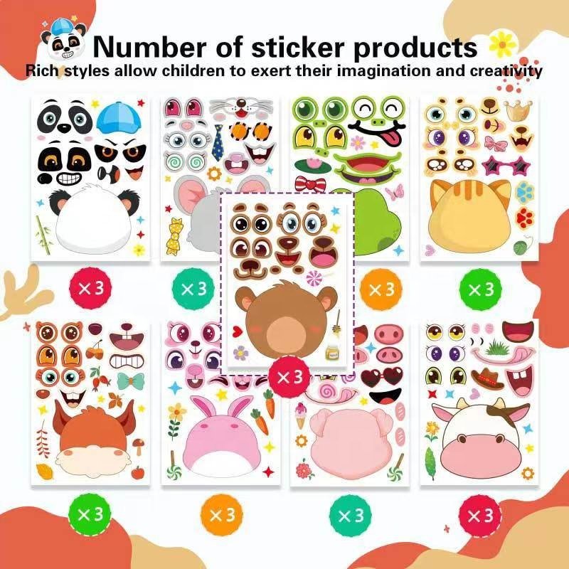 Amazon 27/sheets children's fun DIY animal face change waterproof stickers toy Make a Face Sticker Sheets animal for Kids