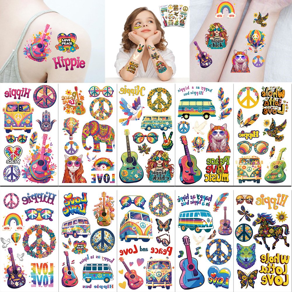 10 Sheets hippie Rock and roll Waterproof Temporary Tattoo Stickers finger face Tatoo Kids and Youth Adult Party Favors Gifts