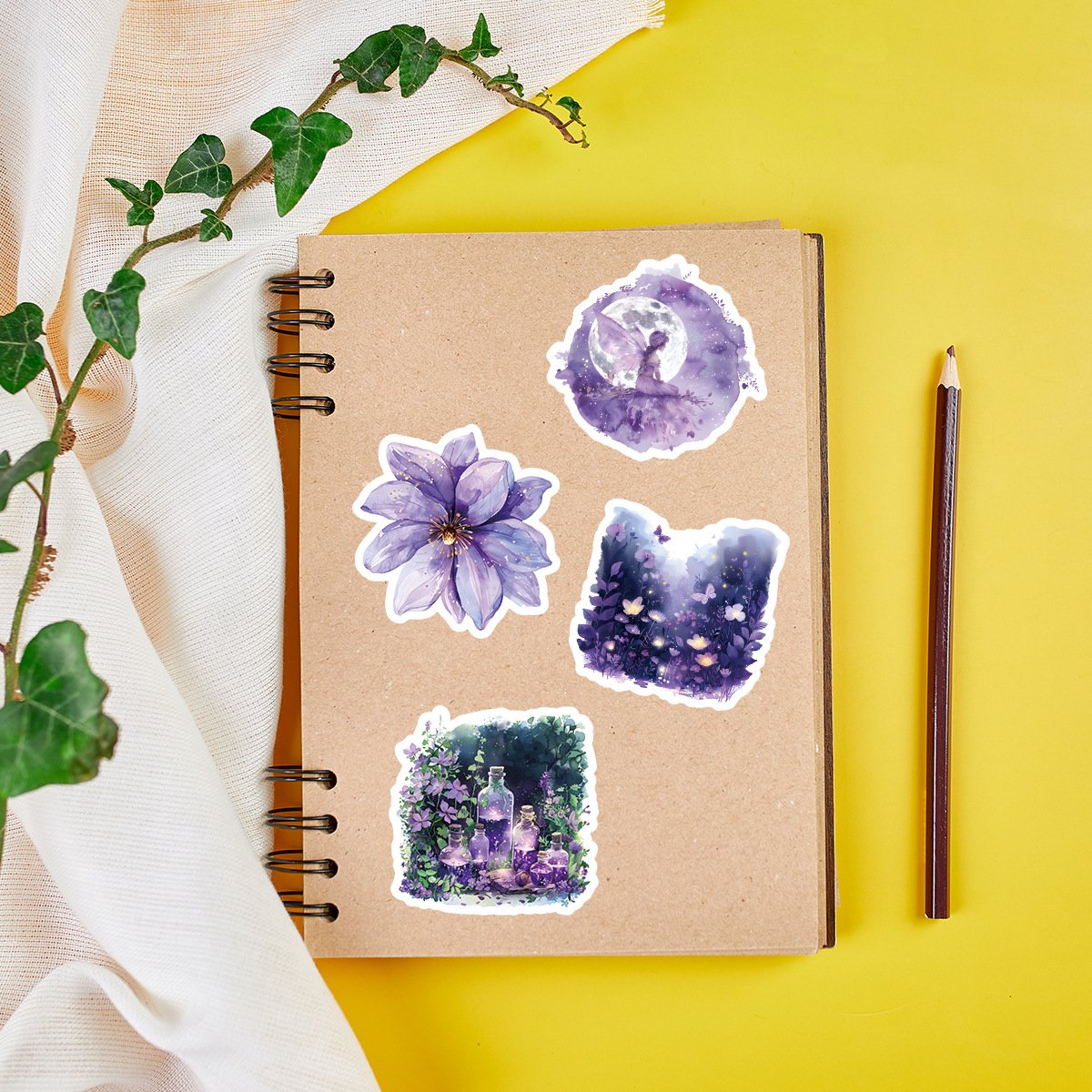 50PCS Purple dreamlike fairy tale butterfly mushroom garden flower sticker