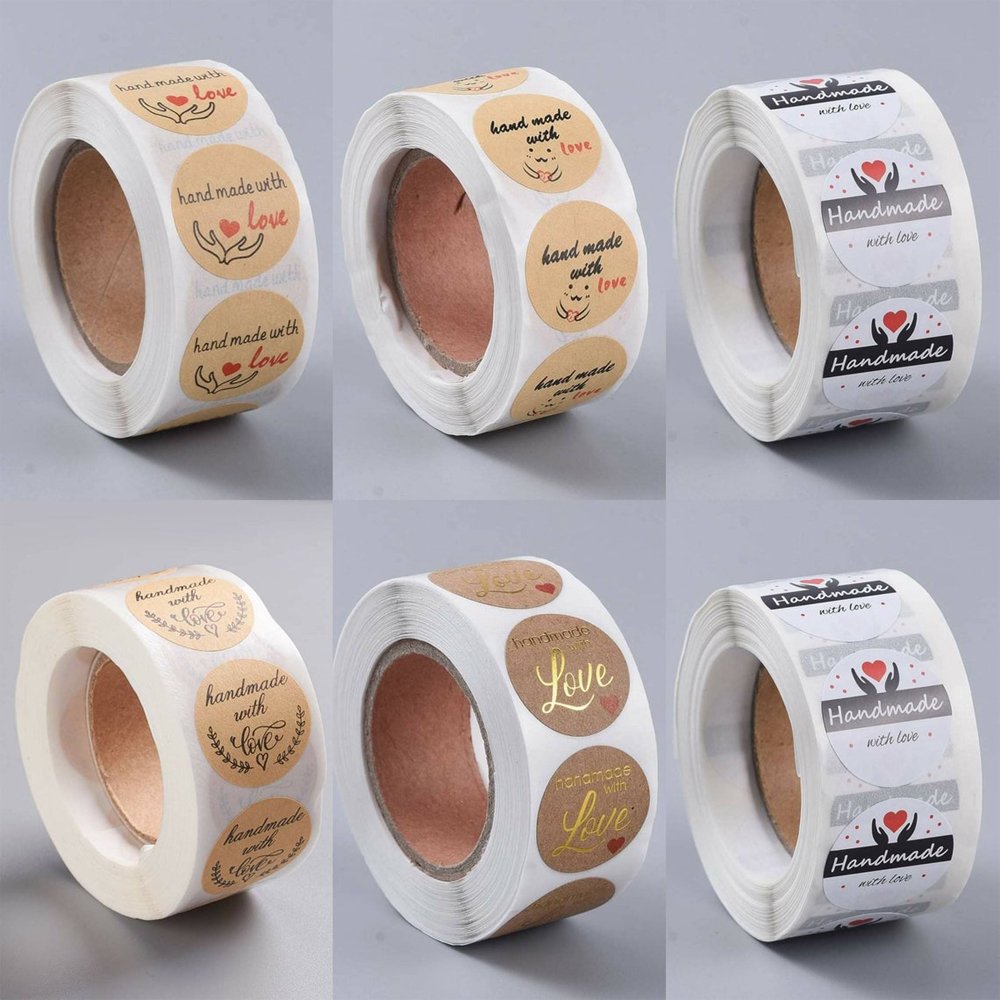Custom Printing Roll Self Adhesive Round "Handmade With Love" Label Sticker For Your Business Order Envelope Decoration Seal