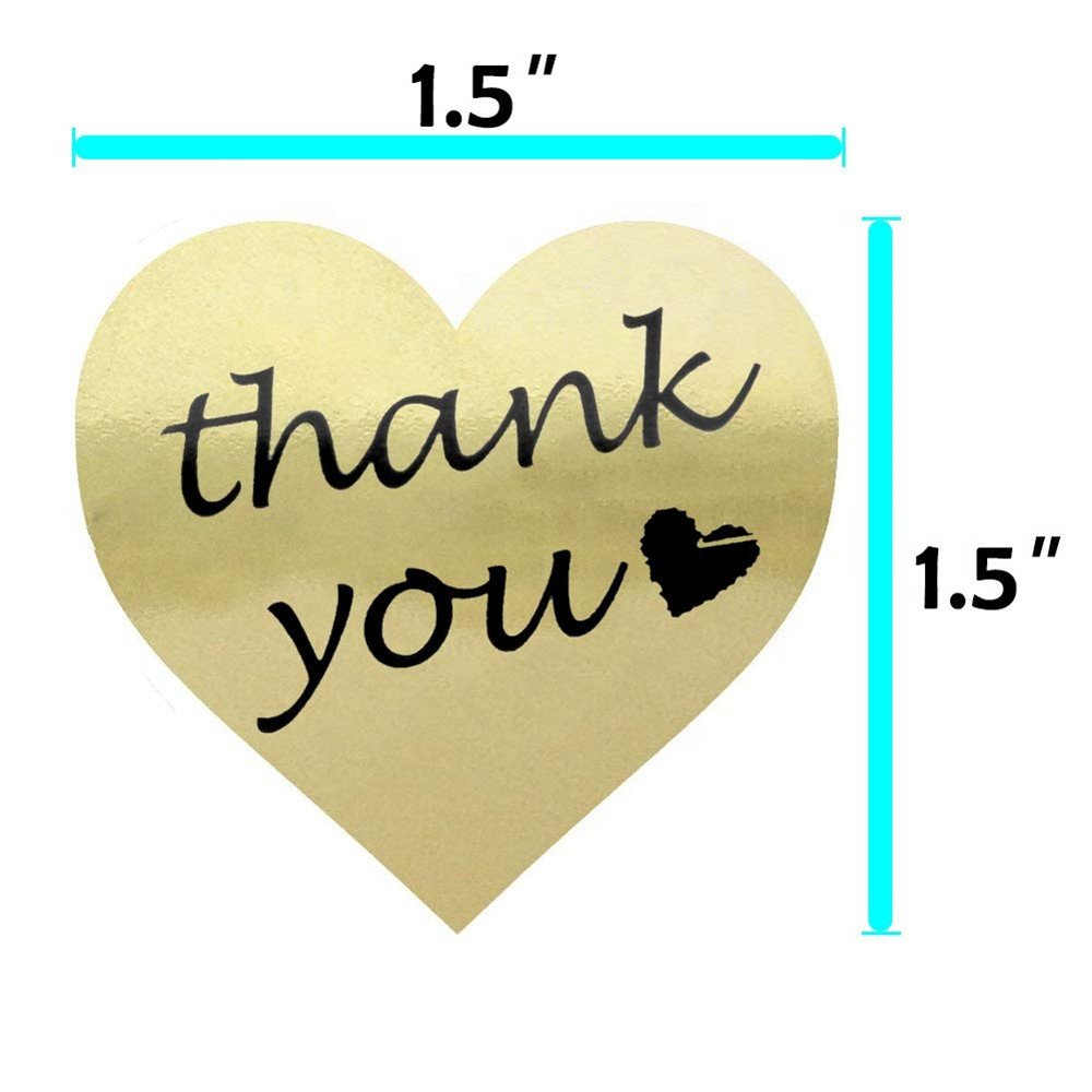 Custom Promotional Gold Heart Shape Thank You Stickers Foil Decorative Sealing Labels 500 Stickers per Roll 1.5 inch Diameter