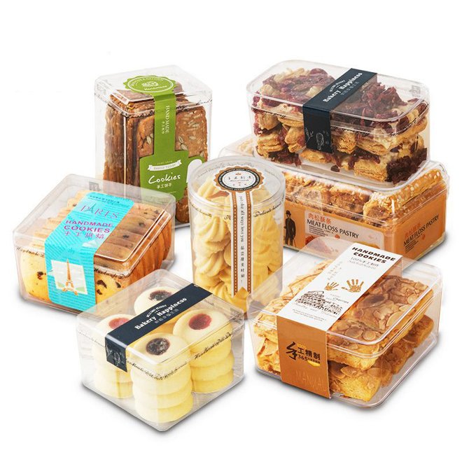 Custom Logo 530ml 18oz Clear Square PS Plastic Box for with Lid for Biscuit Snack Sugar Cake Pastry Packaging Container