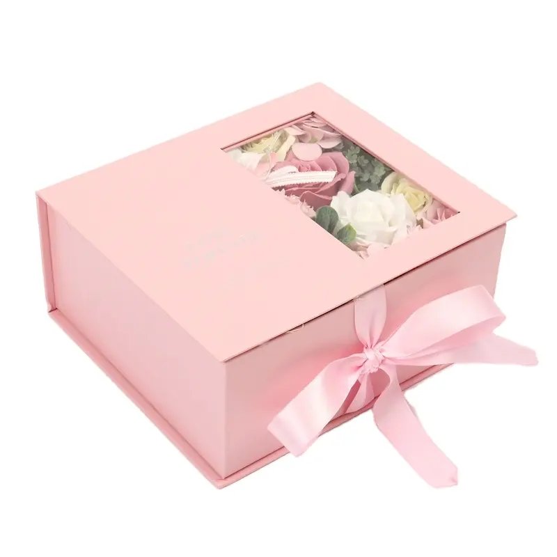 Luxury blank low MOQ magnetic rigid cardboard with PVC window jewelry cosmetic rose flower packaging gift box