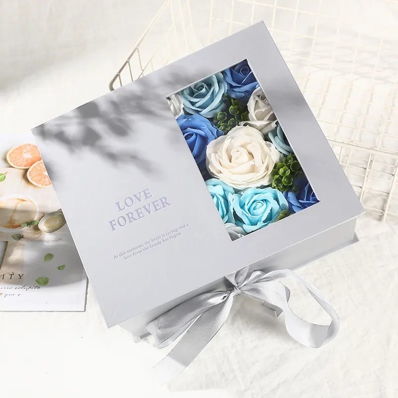 Luxury blank low MOQ magnetic rigid cardboard with PVC window jewelry cosmetic rose flower packaging gift box