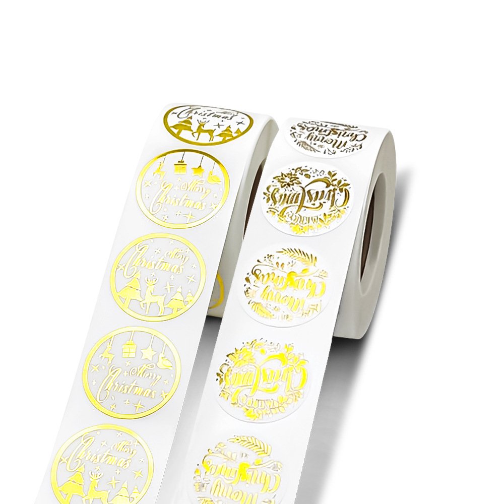Custom Transparent Waterproof Merry Christmas Sticker Roll Gold Stamping Round Label Sticker for Gift Packaging