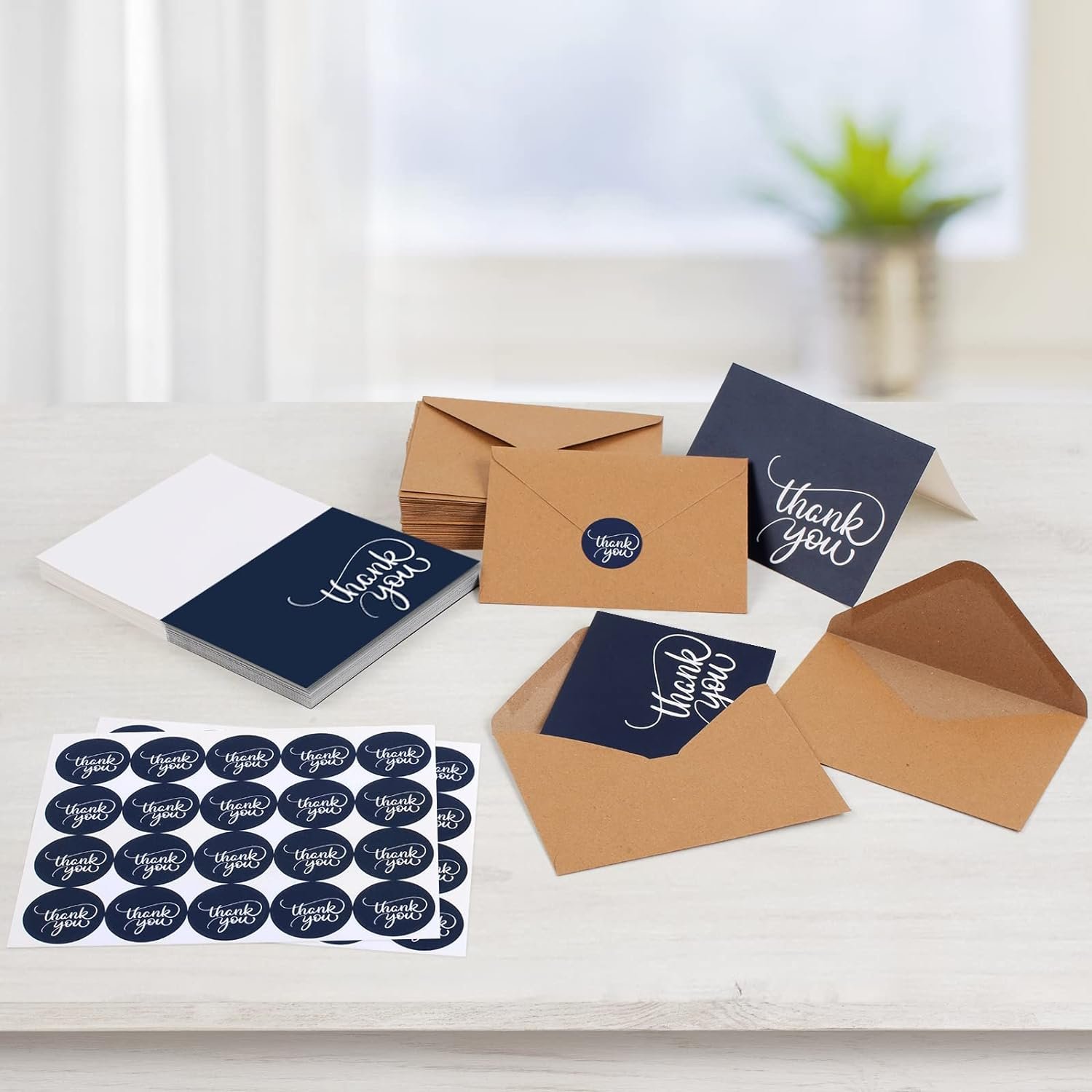 Ready Stock Thank You Cards 3.5x5, Blank Navy For Baby Shower , Brown Paper Envelopes and Stickers Thank You Notes For Wedding