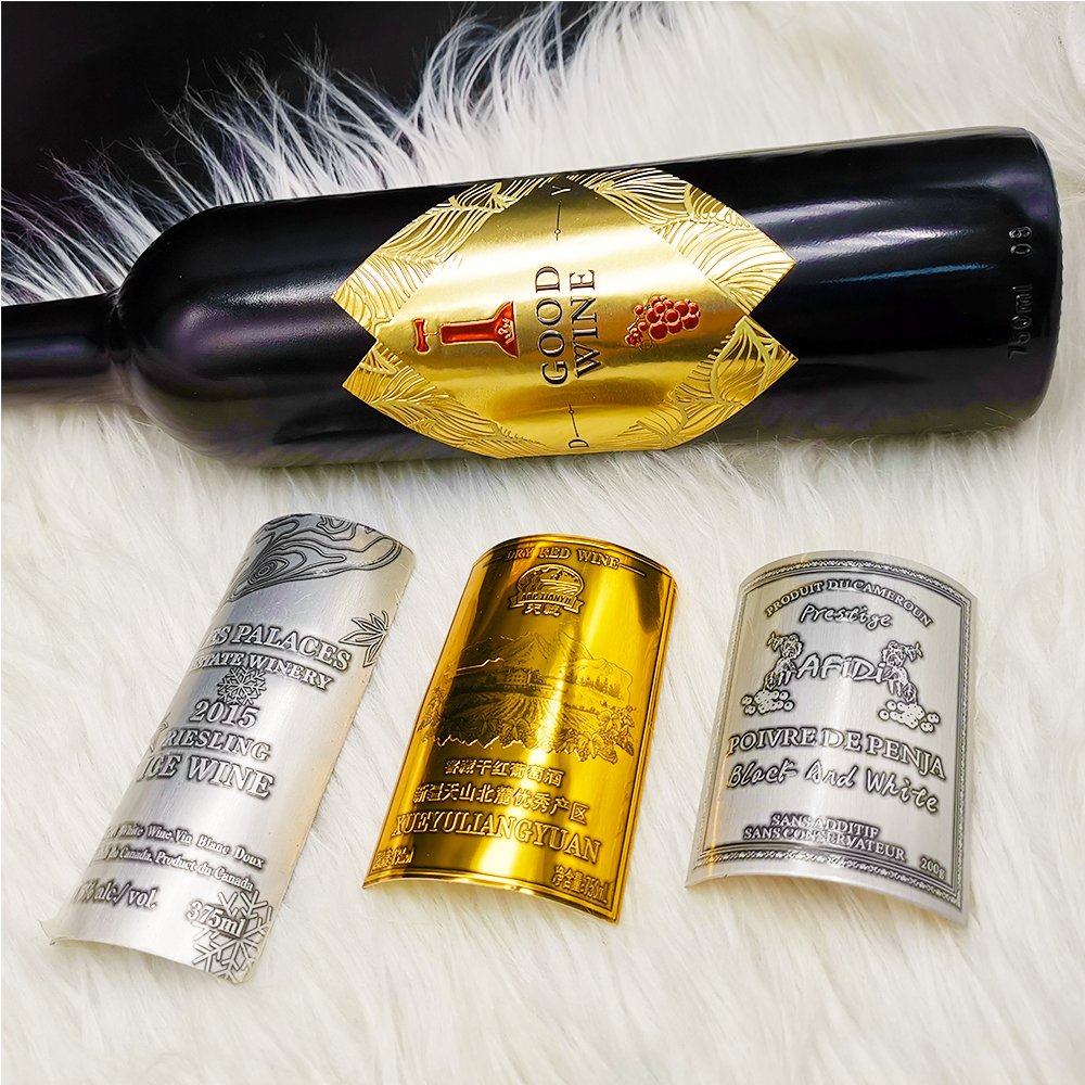 Private Customized Head Brand Logo Luxury Bottles Metal Aluminum Wine Label Sticker Embossed