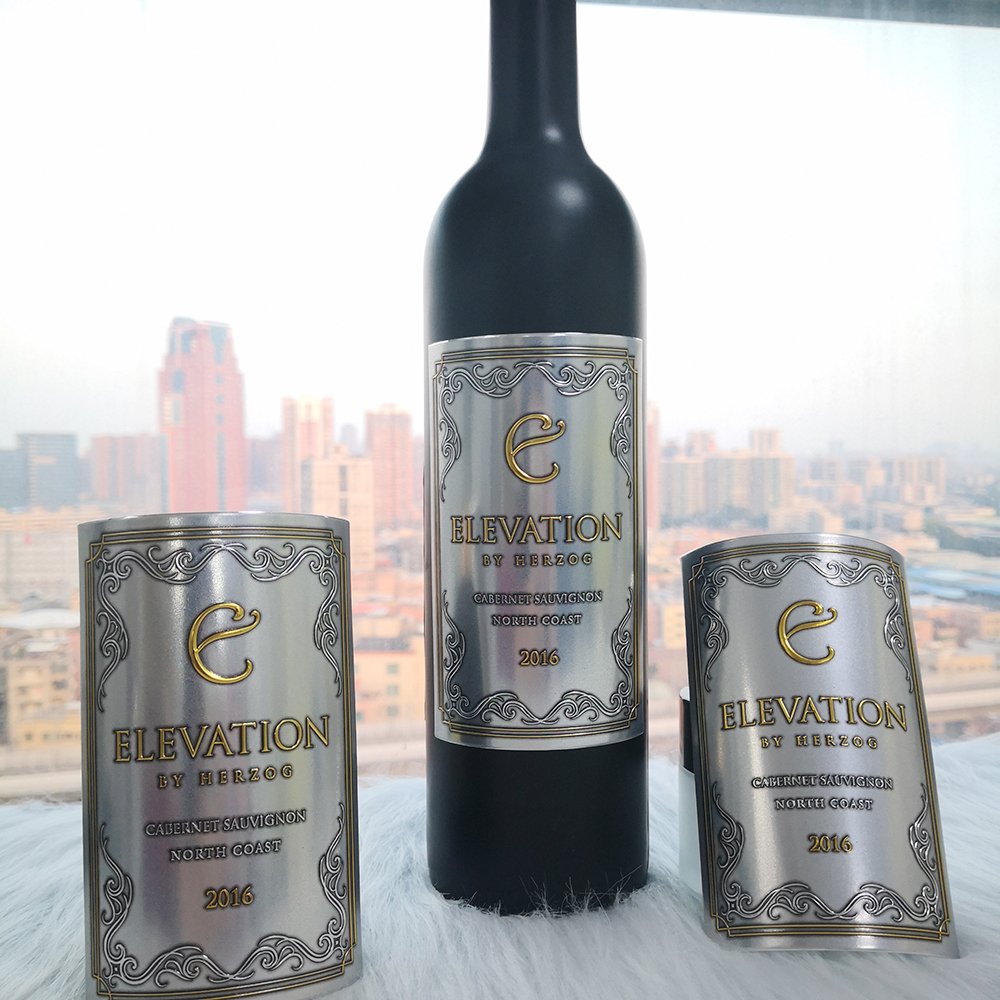 Private Customized Head Brand Logo Luxury Bottles Metal Aluminum Wine Label Sticker Embossed