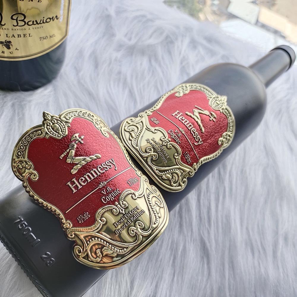 Private Customized Head Brand Logo Luxury Bottles Metal Aluminum Wine Label Sticker Embossed