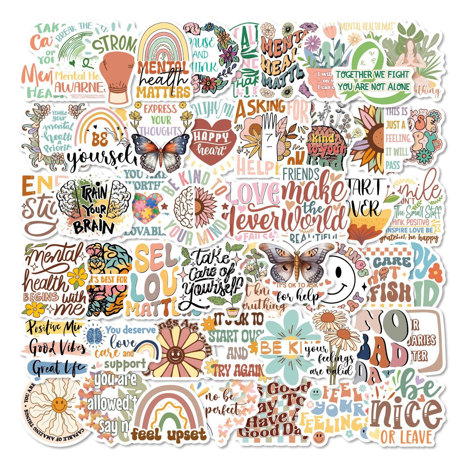 50PCS Mental Health Motivational Awareness Stickers Paper Decor Label Die Cut Stickers Waterproof Therapist Gift Stickers Set