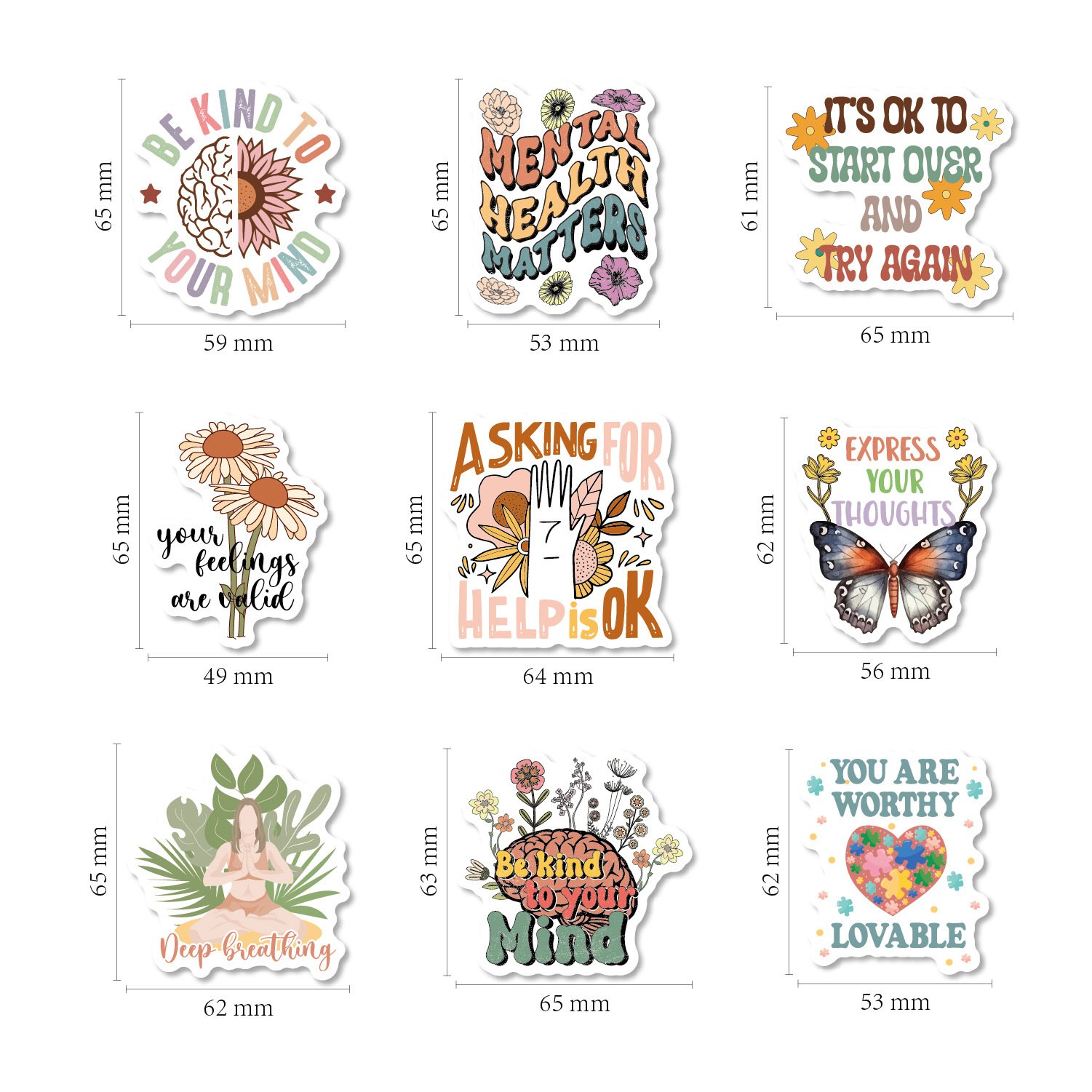50PCS Mental Health Motivational Awareness Stickers Paper Decor Label Die Cut Stickers Waterproof Therapist Gift Stickers Set