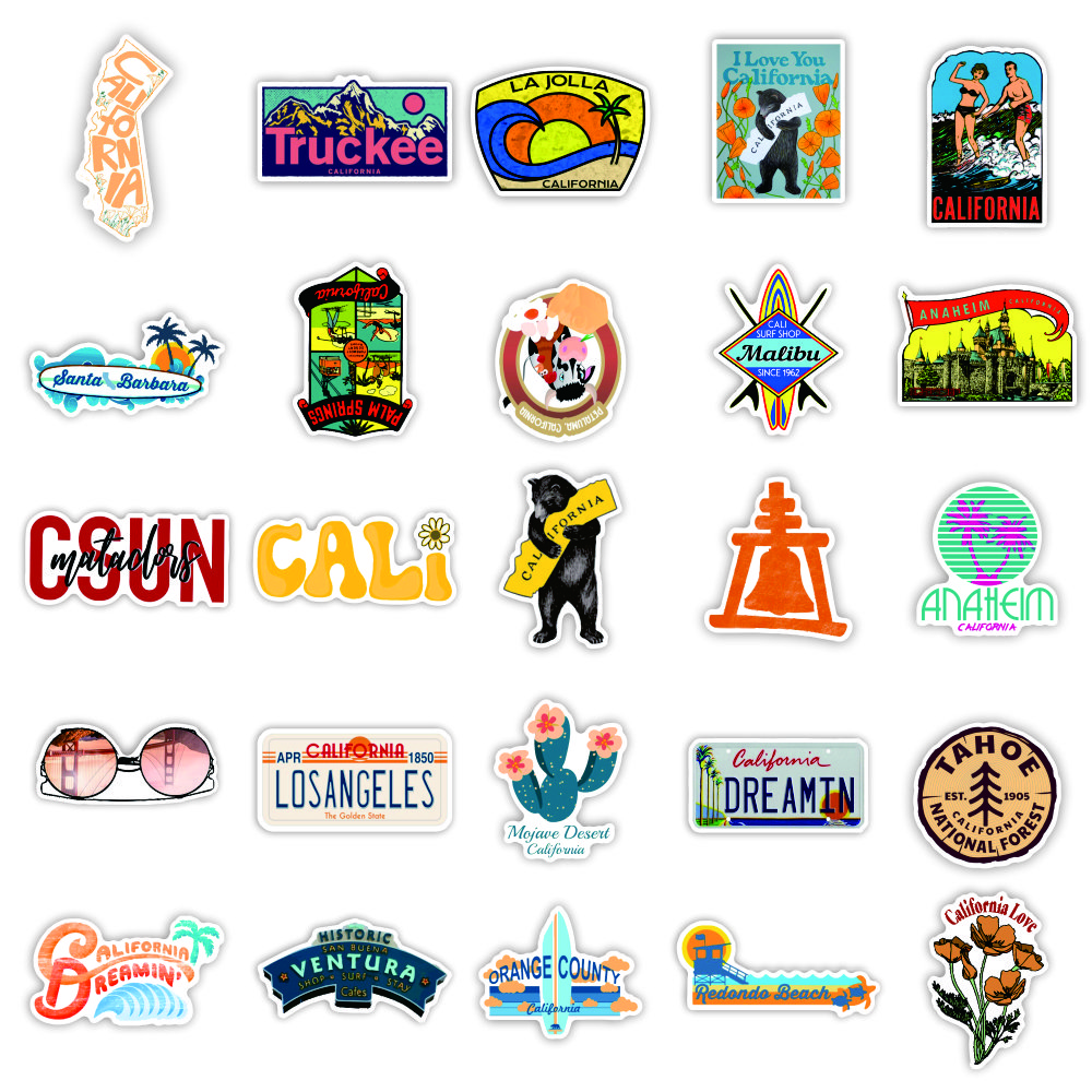 50 pcs california travel stickers for water bottle laptop and cellphone