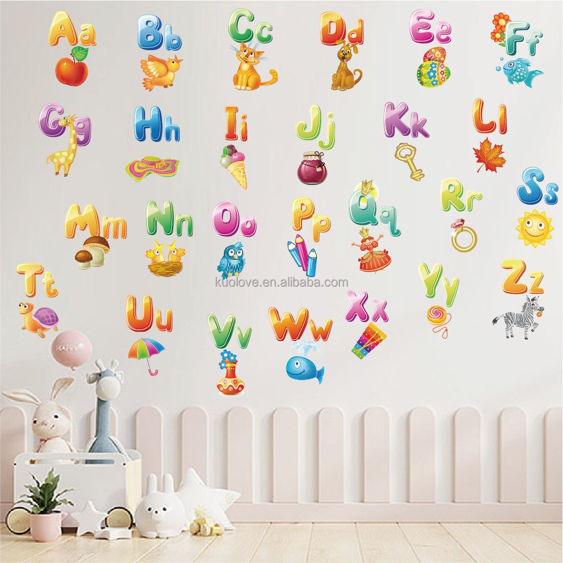 English letters cartoon animal wall stickers children's room kindergarten background decoration wallpaper self-adhesive stickers