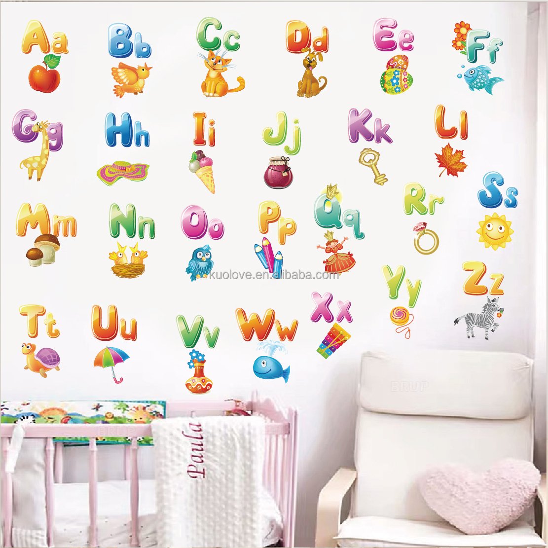 English letters cartoon animal wall stickers children's room kindergarten background decoration wallpaper self-adhesive stickers