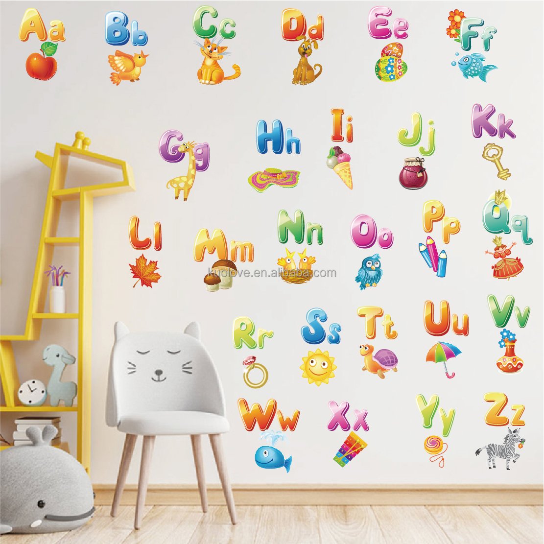 English letters cartoon animal wall stickers children's room kindergarten background decoration wallpaper self-adhesive stickers