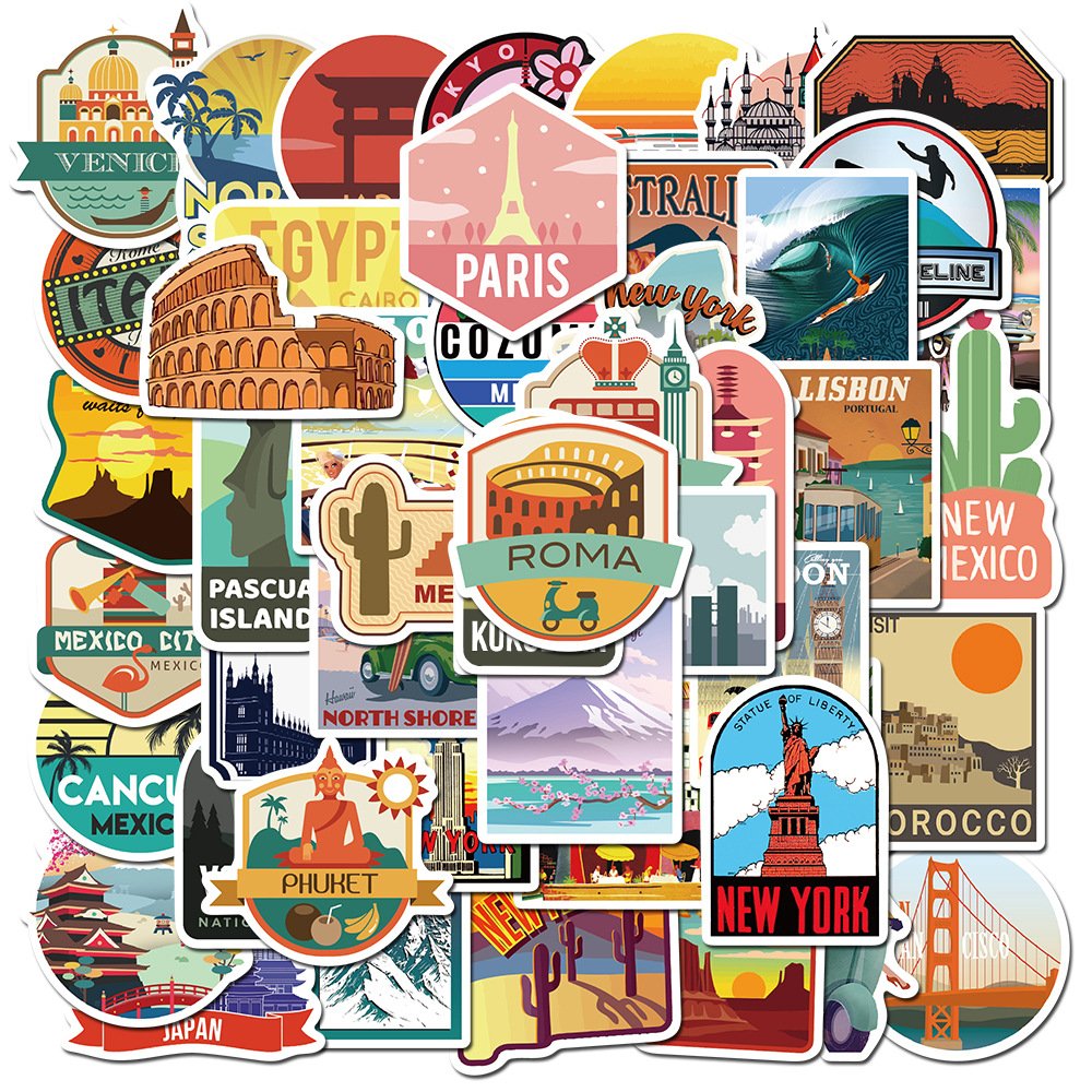 50Pcs World Travel Famous City Landscape Graffiti Stickers For Gift Suitcase Luggage Decor Tourism Sticker