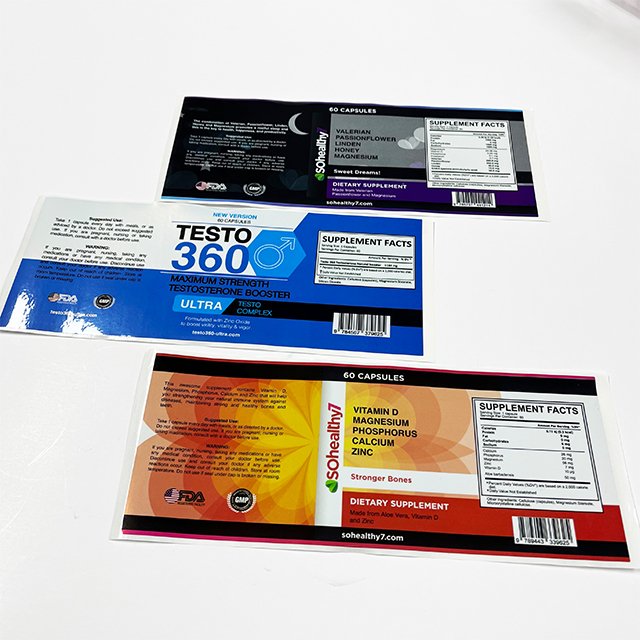 Factory custom printing synthetic paper adhesive sticker for 60 capsules supplement facts bottle label