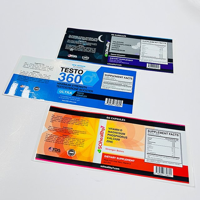 Factory custom printing synthetic paper adhesive sticker for 60 capsules supplement facts bottle label