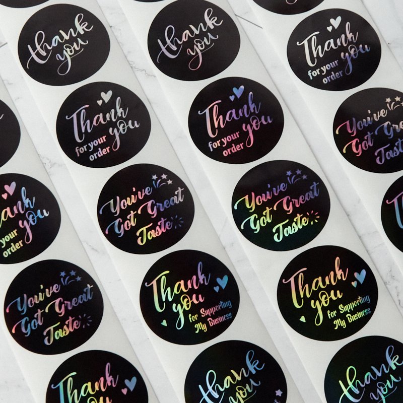 custom cheap thank you order sticker 1.5 inch 500 pcs holographic thanks stickers for supporting my small business