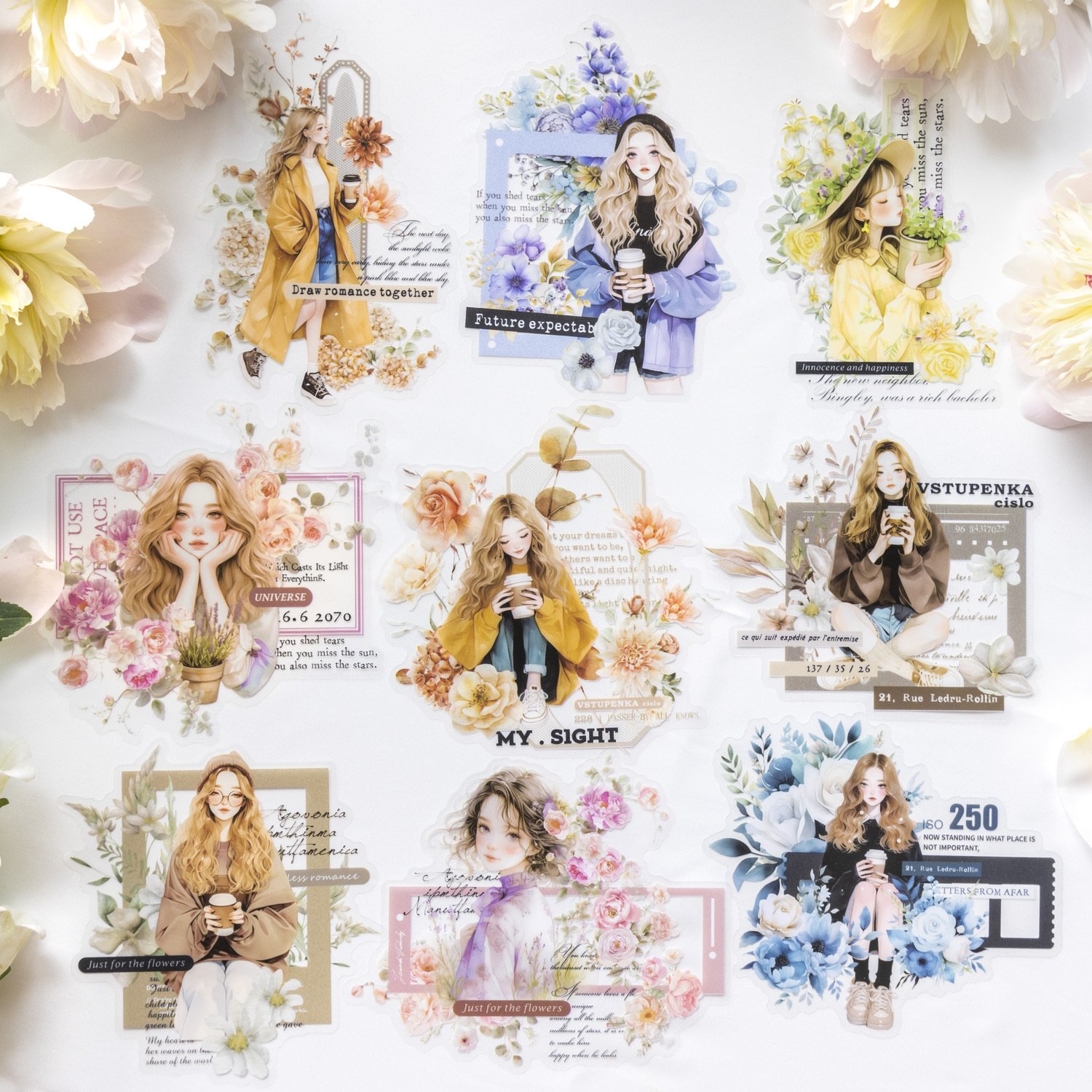 10 pieces/pack of PET stickers and a bouquet of romantic series character collage materials for 6 items