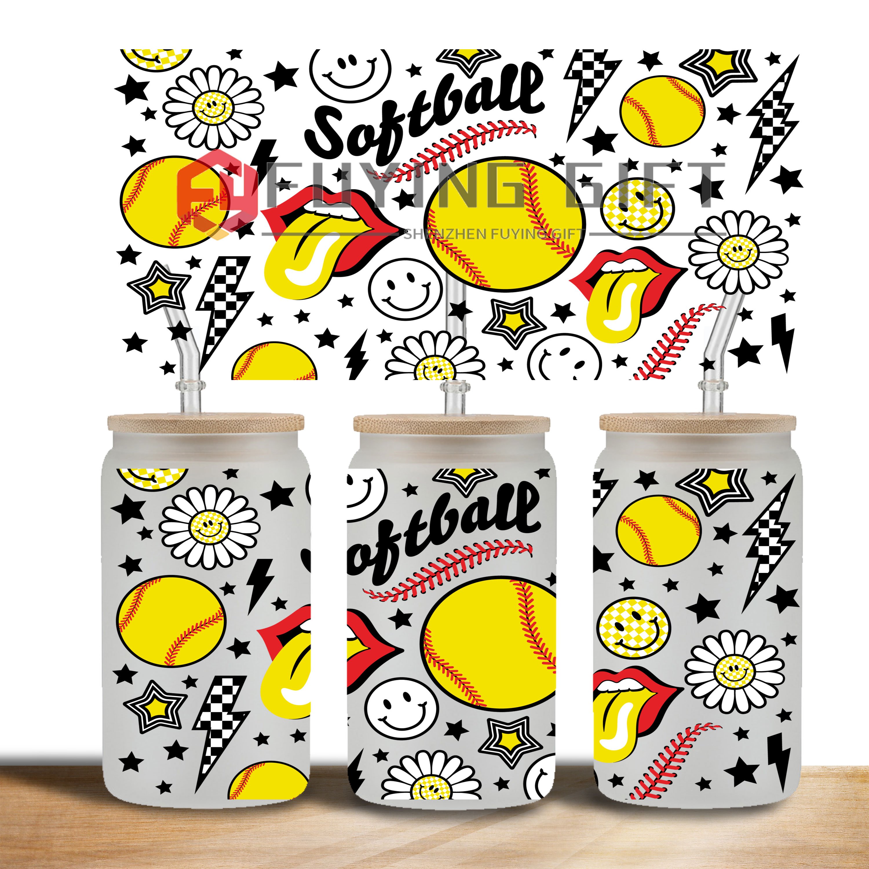 Wholesale football softball uvdtf decals for 16 oz cups uv dtf cup wrap transfers high quality stickers custom labels