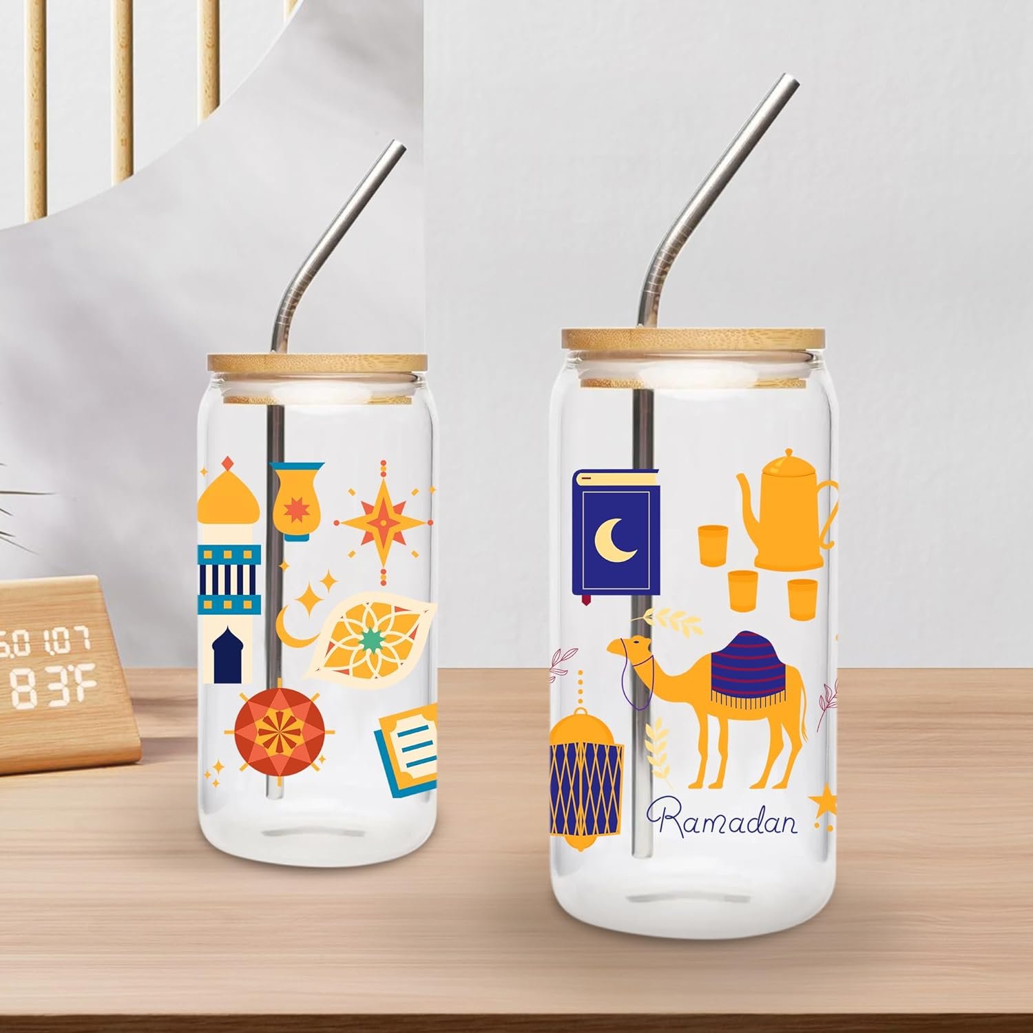 Ramadan Kareem UV DTF for 16 OZ Glass Eid Mubarak, Moon, Camelus, Book, Prayer Beads Design, Waterproof Rub On Transfer Stickers