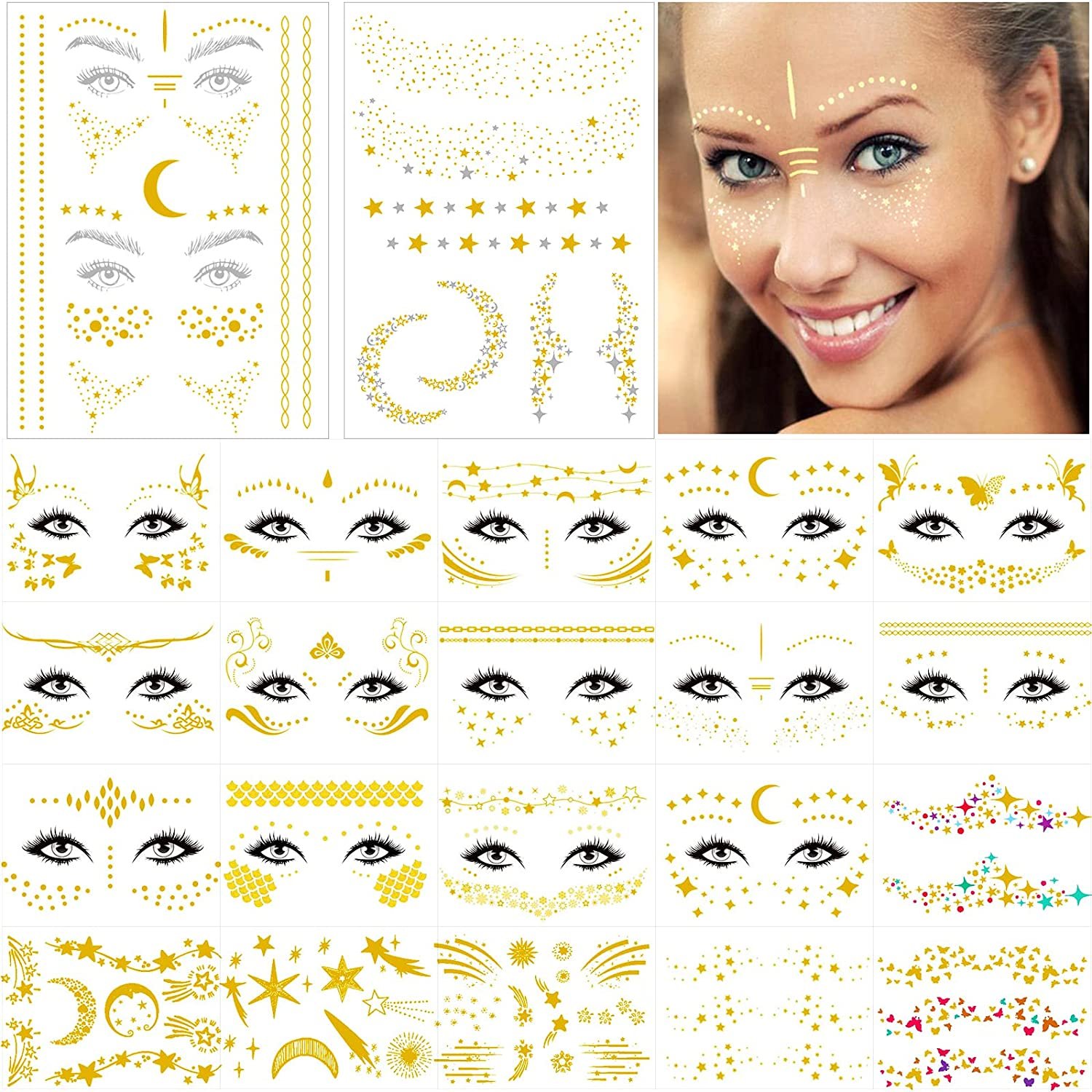 Face Tattoos Sticker, Tattoo Freckle Sticker Face Metallic Temporary Tattoo for Women for Holiday