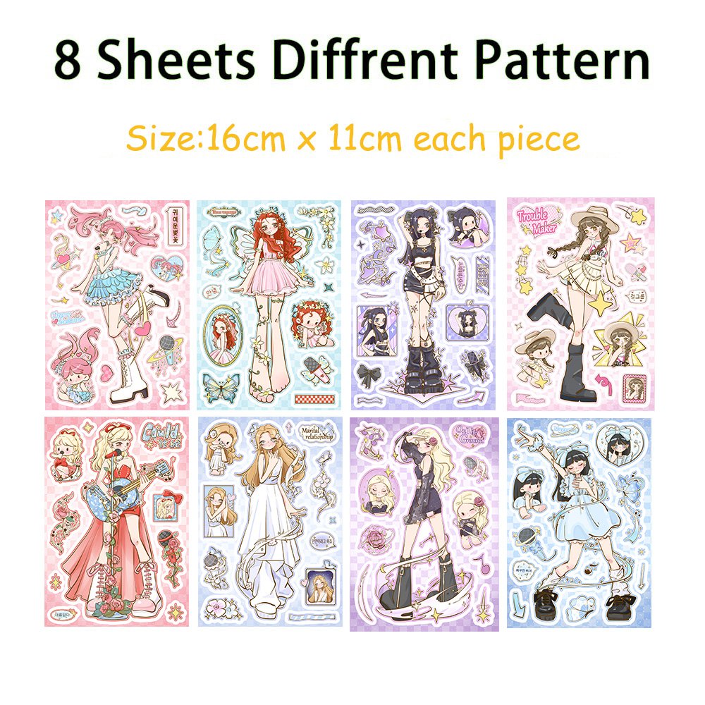 8 Sheets Kpop Girl Group Creative Decal Phone Case Decorative Stickers Diy Diary Guitar Water Cup Decorative Waterproof Collage