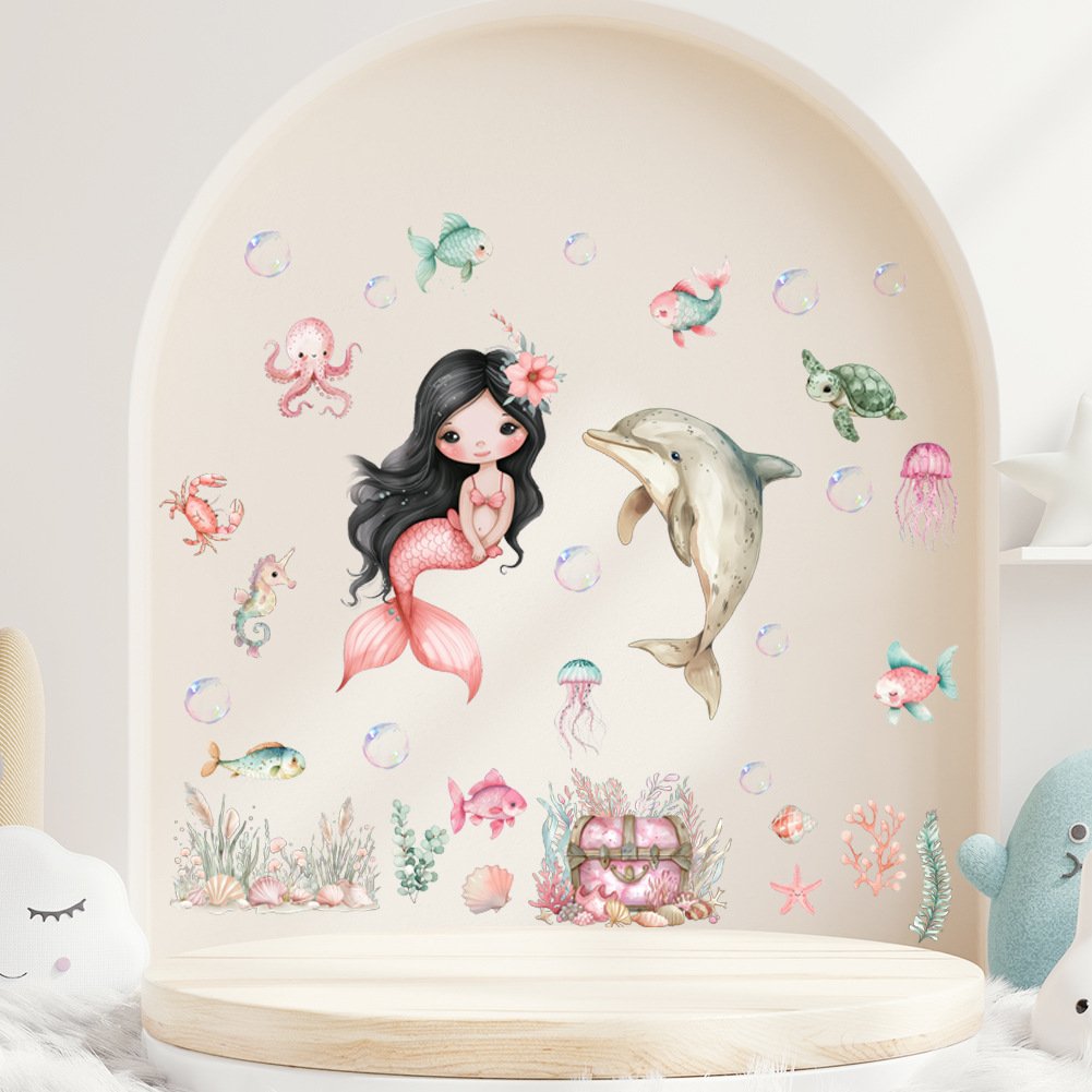 Adhesive removable girls room decoration cartoon mermaid sticker wallpaper for wall roll