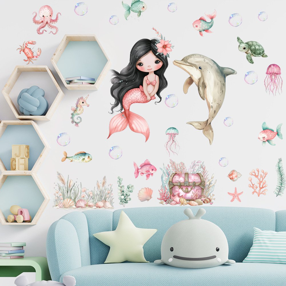 Adhesive removable girls room decoration cartoon mermaid sticker wallpaper for wall roll