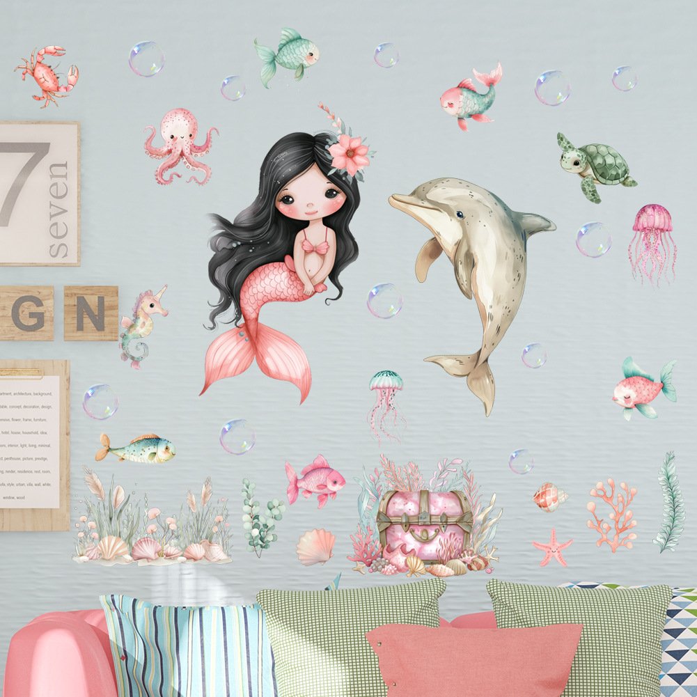 Adhesive removable girls room decoration cartoon mermaid sticker wallpaper for wall roll