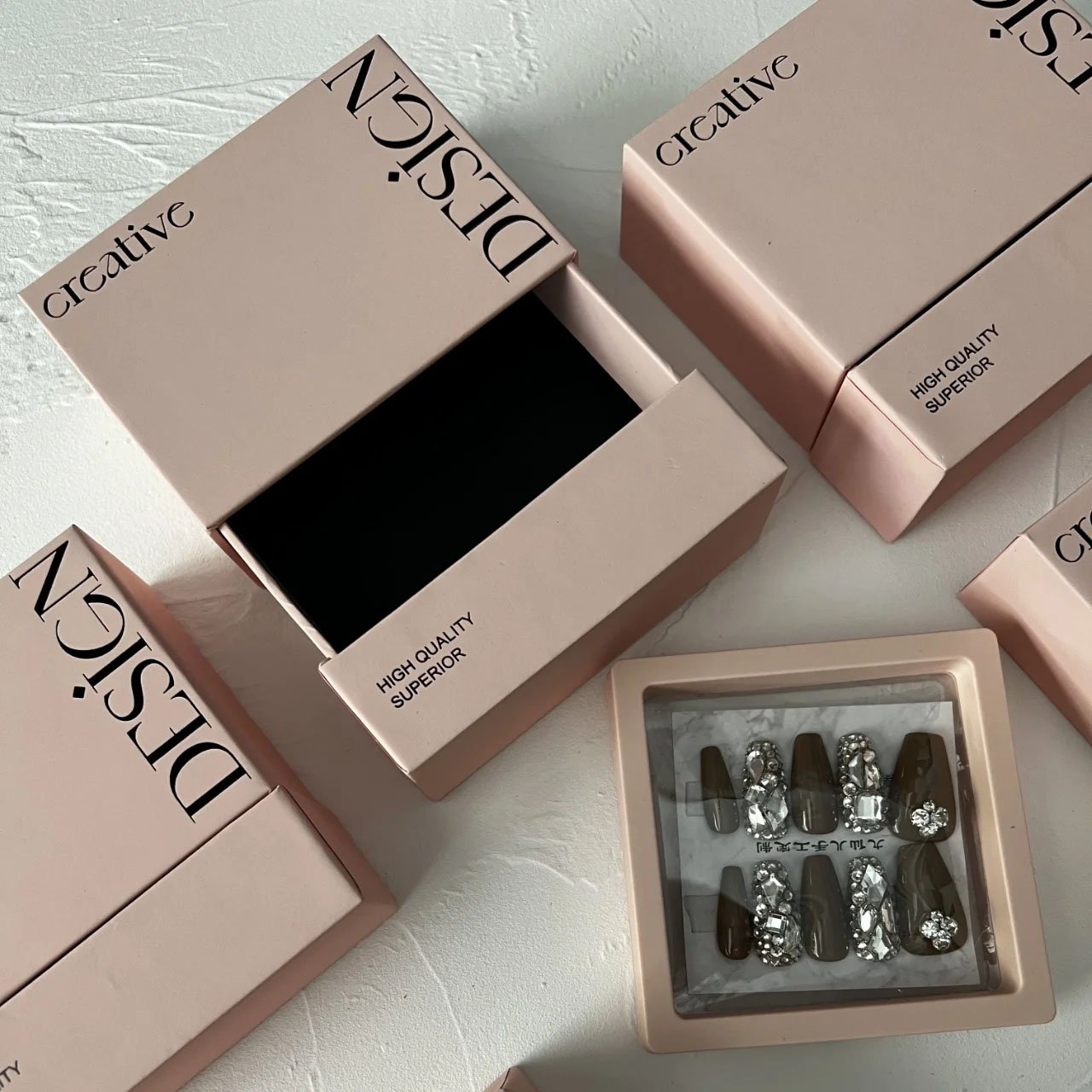 custom logo clay finish soft touch feeling special color luxury rigid nail gel wraps packaging gift drawer box