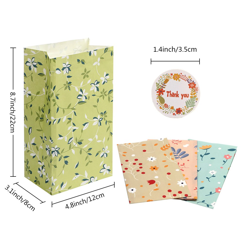 Floral Party Favor Watercolor Flowers Paper Gift Bags, Goodie Candy Treat Bags With Thank You Stickers For Wedding