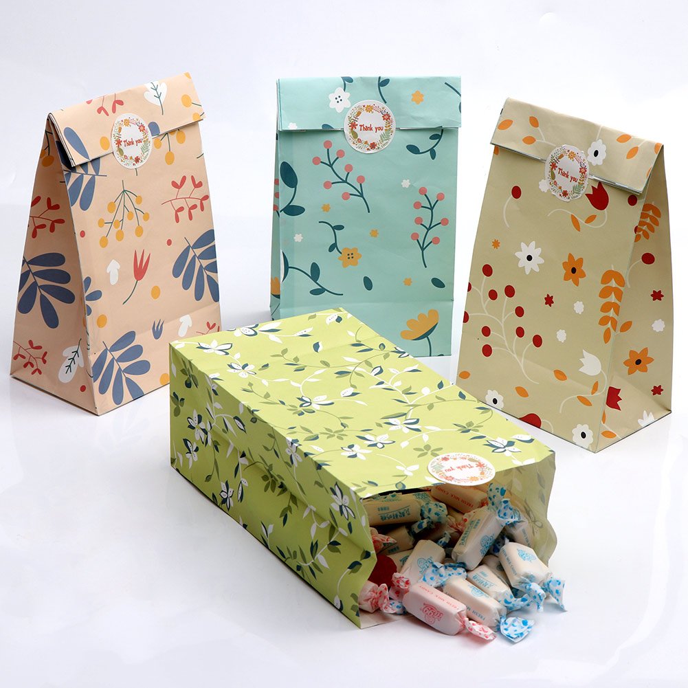Floral Party Favor Watercolor Flowers Paper Gift Bags, Goodie Candy Treat Bags With Thank You Stickers For Wedding