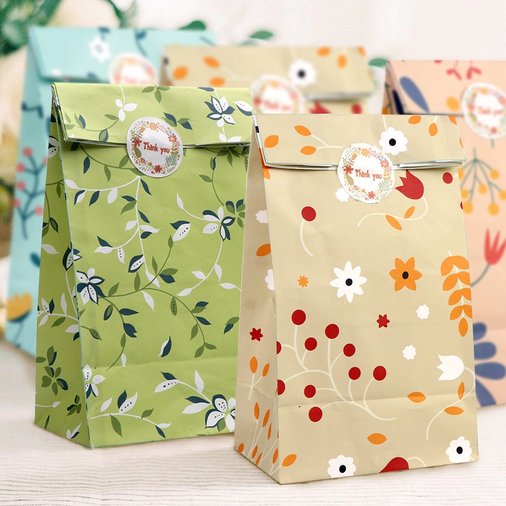 Floral Party Favor Watercolor Flowers Paper Gift Bags, Goodie Candy Treat Bags With Thank You Stickers For Wedding