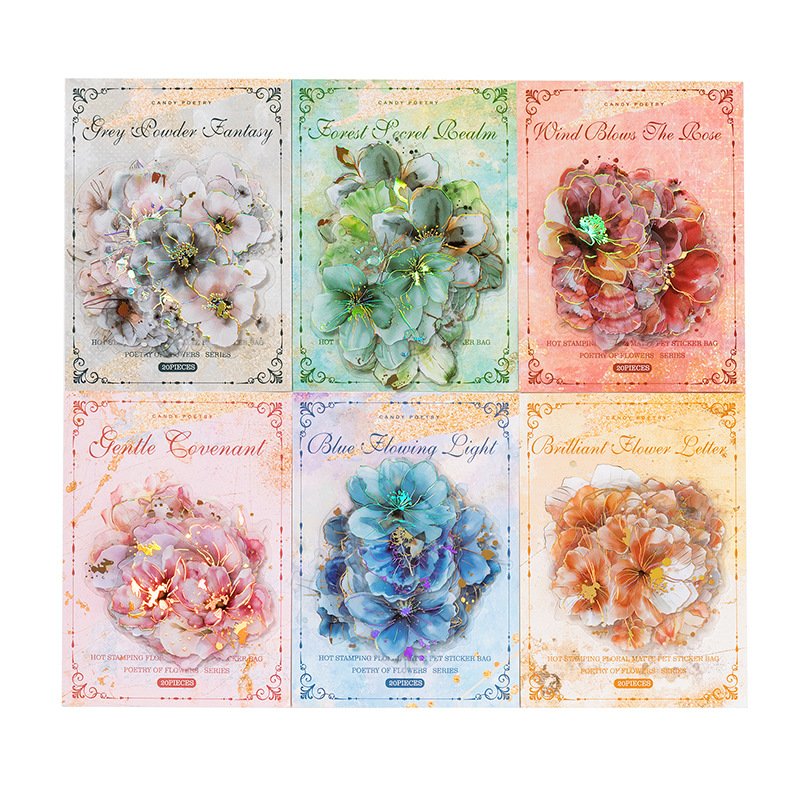 20 sheets/pack PET sticker pack, 6 options of decorative materials for the Flower Poetry series matte hot stamping account