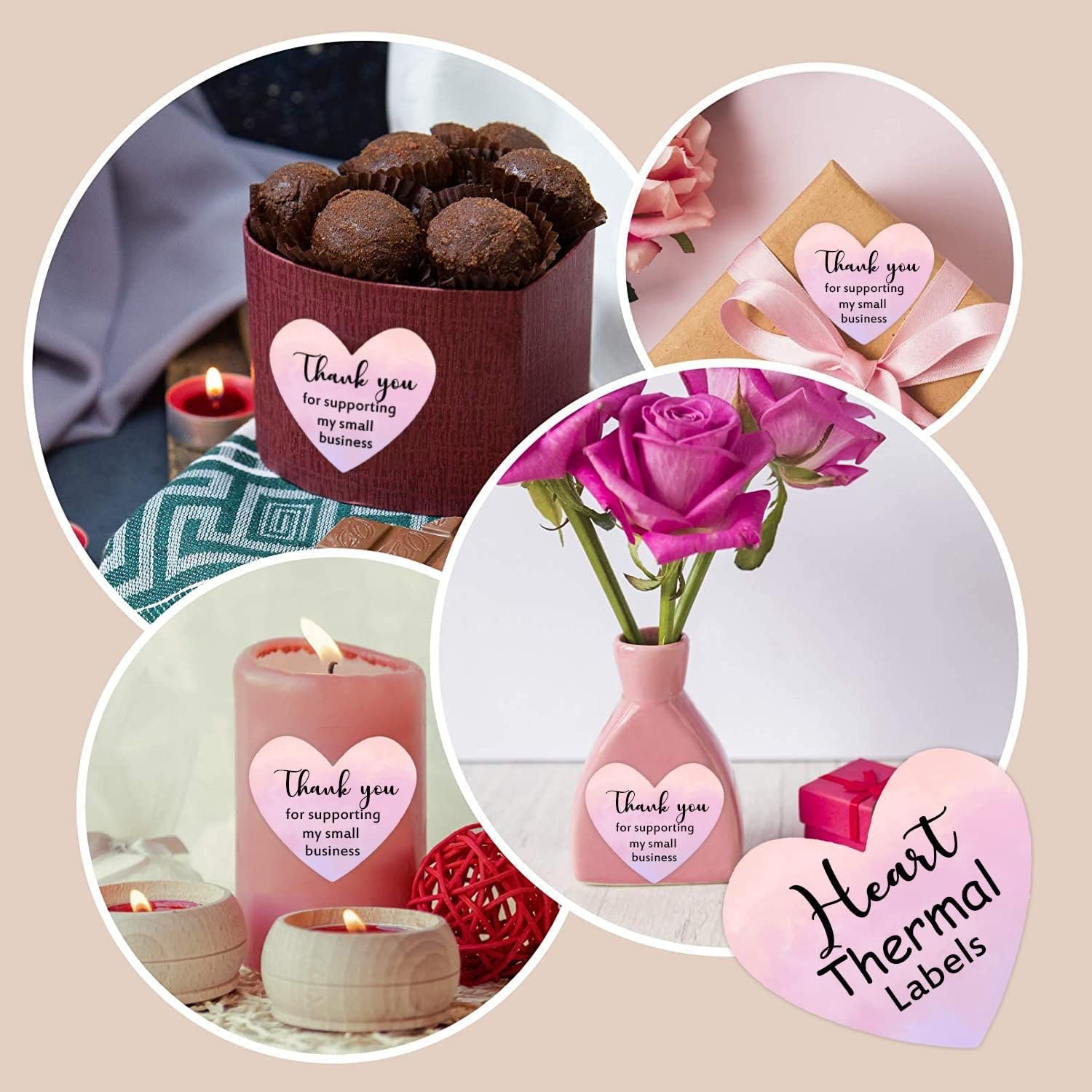 Self-Adhesive Pink Thermal Sticker Heart Shaped Direct Thermal Printer Label for Wedding Valentines Day Thanks Card