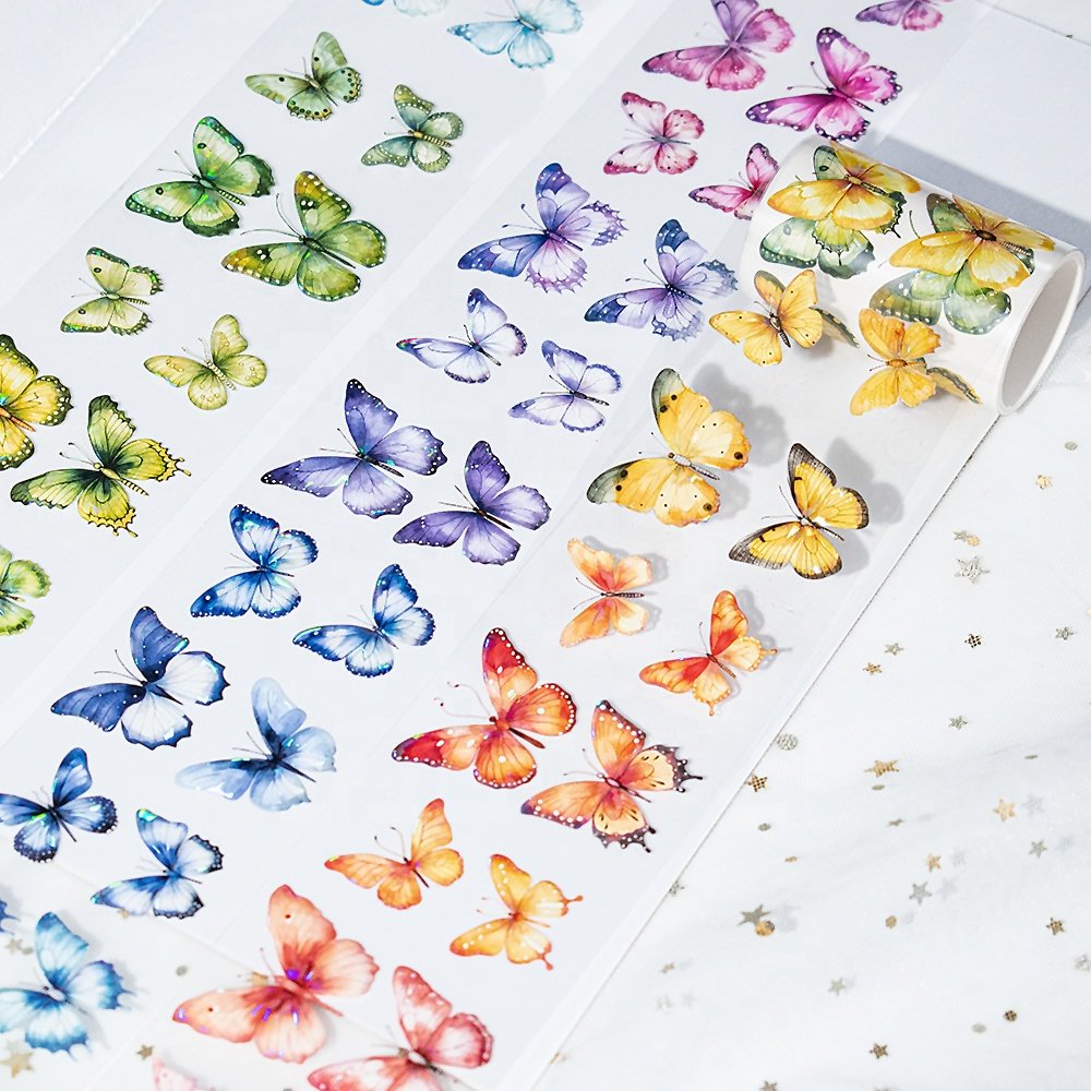 2024 New Designer Butterfly PET Tape Sticker Custom Printed Luxury Special Oil UV Proof Quality Transparent PET Tape Washi Tape