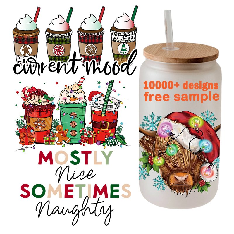 Christmas UV DTF Cup Wraps for 16oz Christmas Transfers for Crafting Winter UV DTF Transfer Sticker for Glass Cups