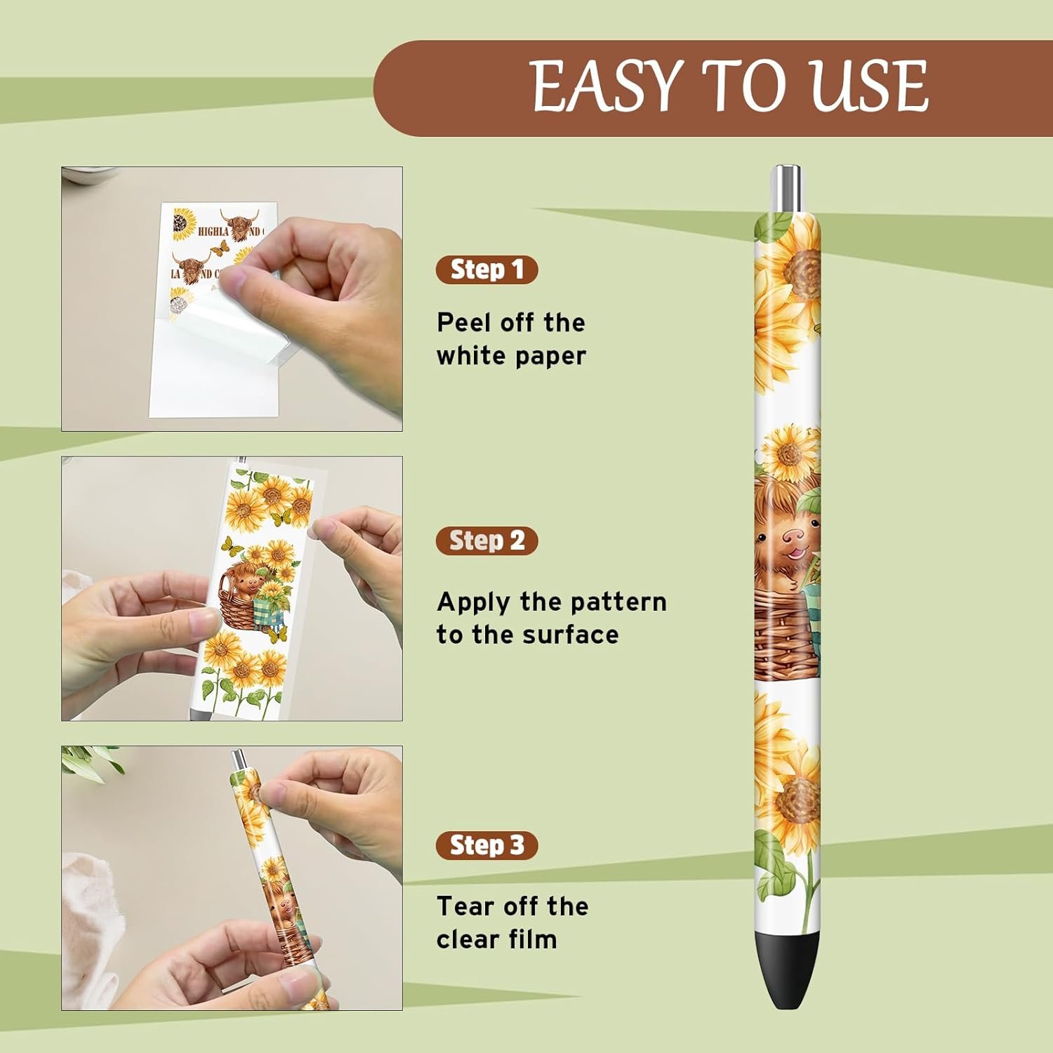Highland Cow UV DTF Pen Wraps Sunflower UV Stickers for Pen Butterfly Wrap Cactus Decals Waterproof Transfer Sticker for DIY Pen