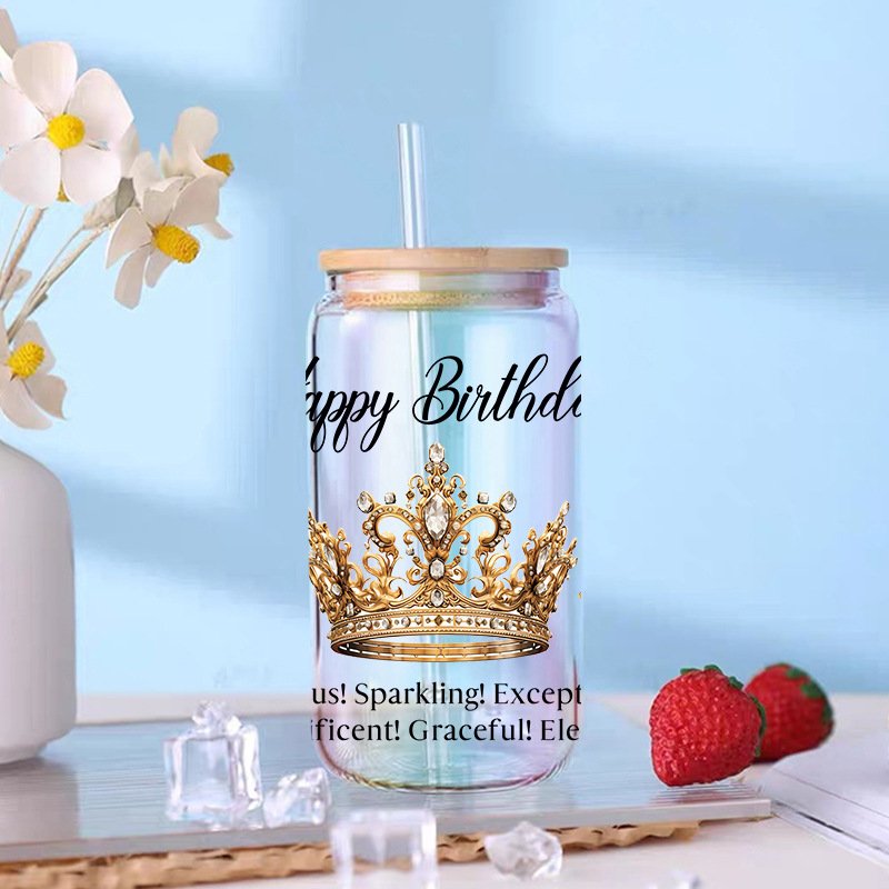 Birthday Gift UV DTF Transfers Label Mug Sticker 16oz Printed Letter Crown Coffee Cup Wraps Packaging Tumbler Glass Cup Stickers