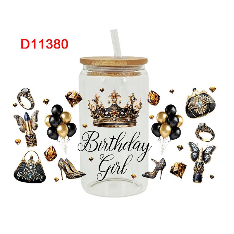 Birthday Gift UV DTF Transfers Label Mug Sticker 16oz Printed Letter Crown Coffee Cup Wraps Packaging Tumbler Glass Cup Stickers