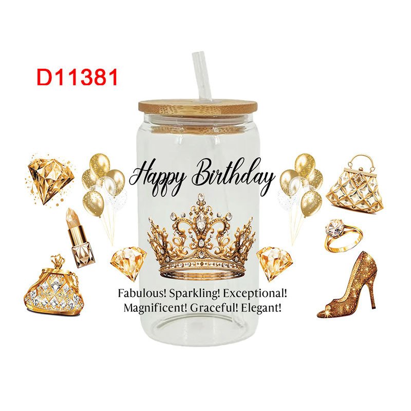 Birthday Gift UV DTF Transfers Label Mug Sticker 16oz Printed Letter Crown Coffee Cup Wraps Packaging Tumbler Glass Cup Stickers