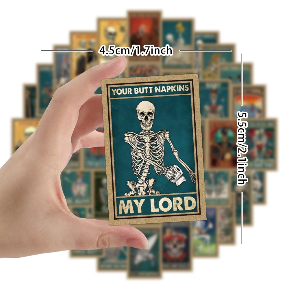 Custom 52pcs Cartoon Skeleton rack Card Print Stickers pack for Laptop Wall Waterproof PVC Graffiti vinyl Skeleton Tarot Sticker