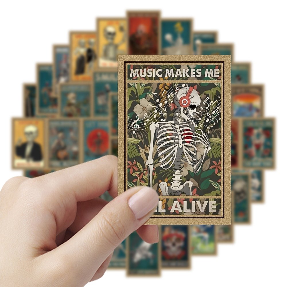 Custom 52pcs Cartoon Skeleton rack Card Print Stickers pack for Laptop Wall Waterproof PVC Graffiti vinyl Skeleton Tarot Sticker
