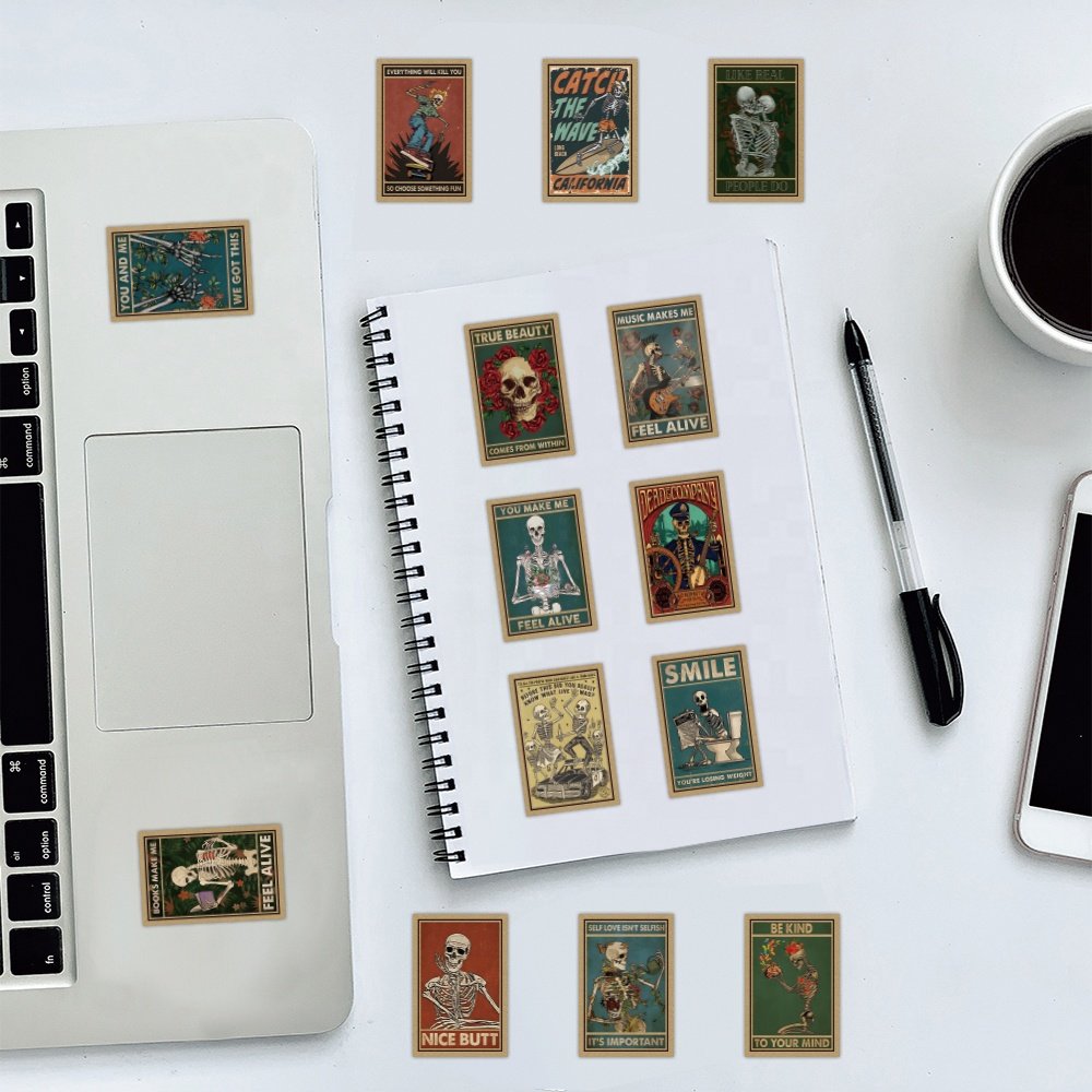 Custom 52pcs Cartoon Skeleton rack Card Print Stickers pack for Laptop Wall Waterproof PVC Graffiti vinyl Skeleton Tarot Sticker