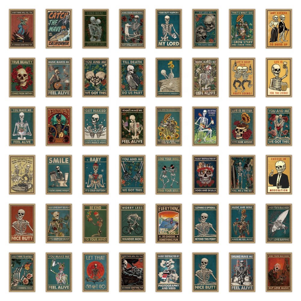 Custom 52pcs Cartoon Skeleton rack Card Print Stickers pack for Laptop Wall Waterproof PVC Graffiti vinyl Skeleton Tarot Sticker